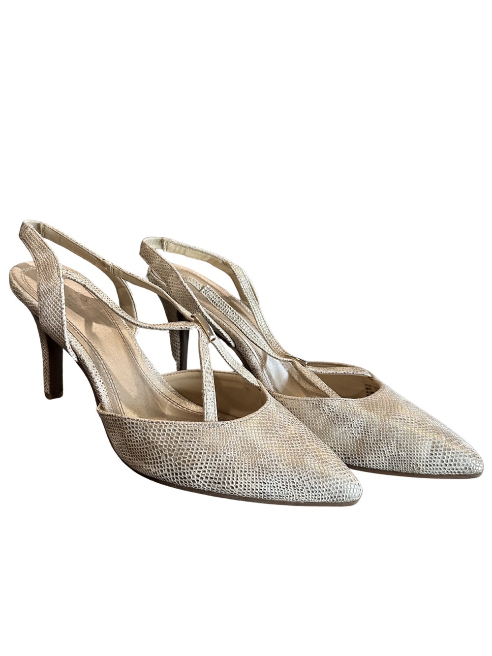 Impo Tylee Women’s Metallic Champagne Snakeskin Slingback Pump Pointed Toe Heels